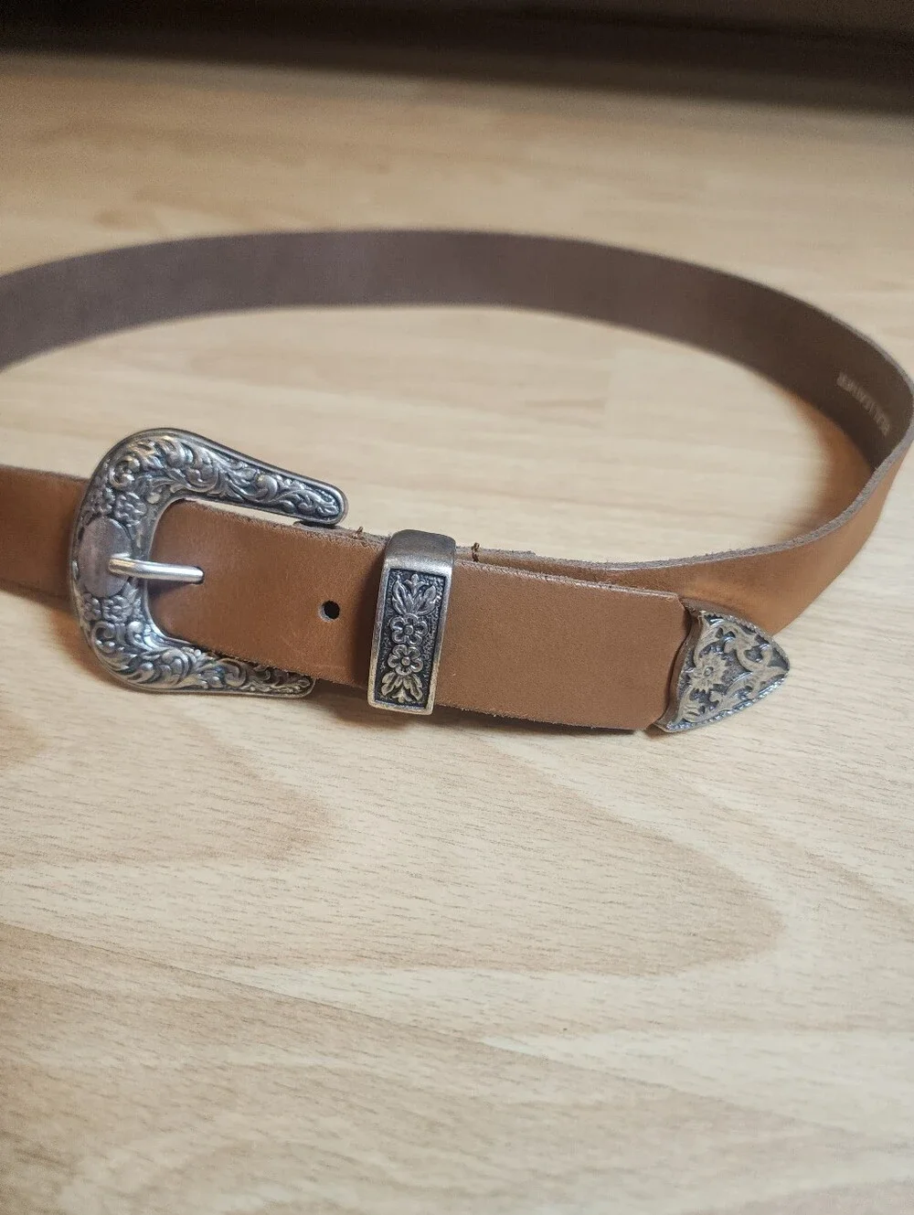 Yourturn Genuine Leather Brown Belt Silver Floral Metal Buckle 37